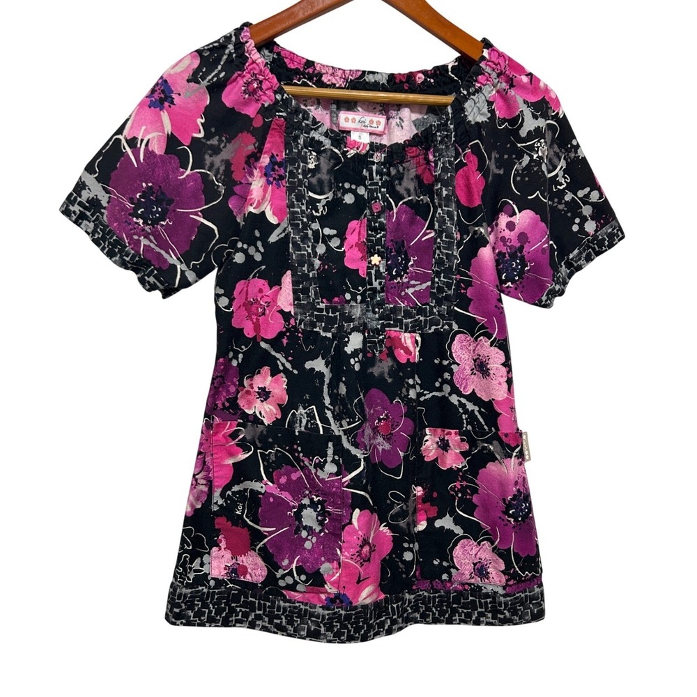 Koi Womens‎ Scrub Top S Black Pink Cottage Floral Nurse Medical Uniform Pockets